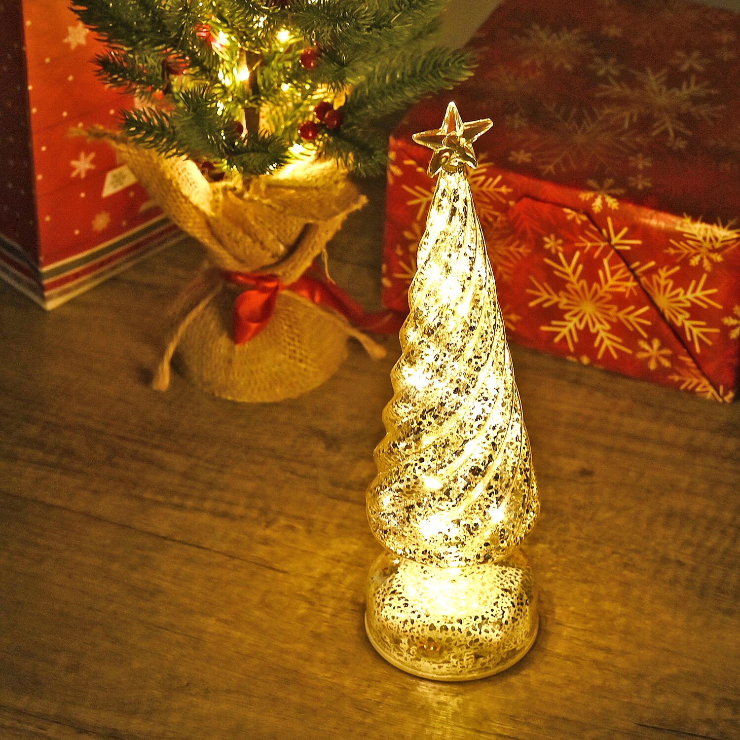 Tapered Glass LED Lighted Conical Christmas Tree With Electroplating Thread & Shimmering Star (3xAA, Not Incl.) - Silver