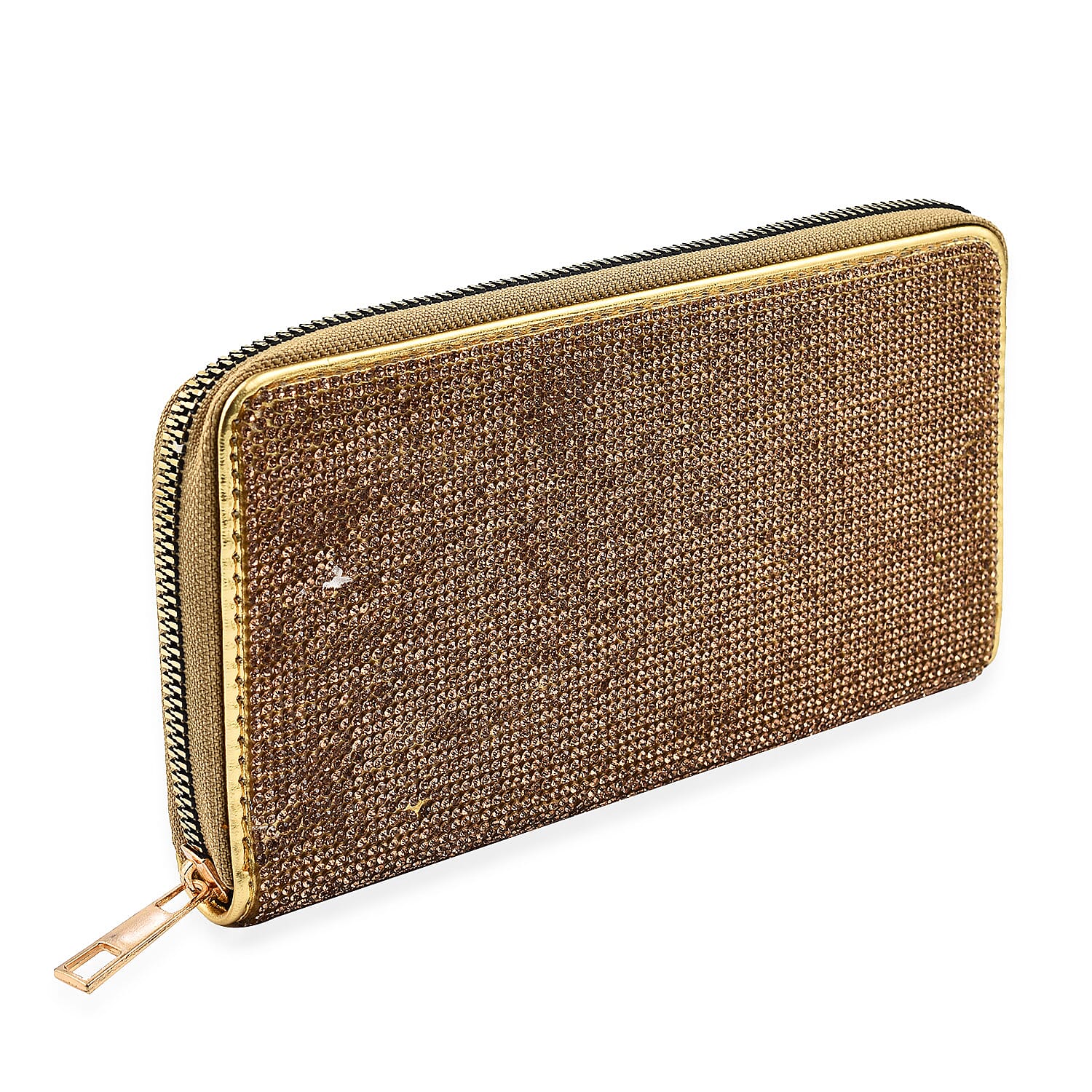 Crystal Studded Purse With Zipped Closure - Gold