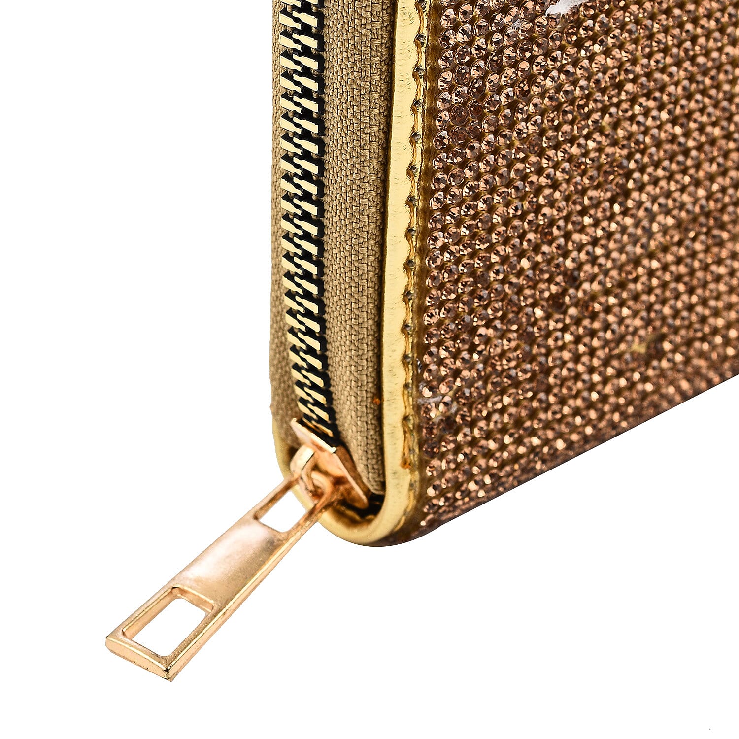 Crystal Studded Purse With Zipped Closure - Gold