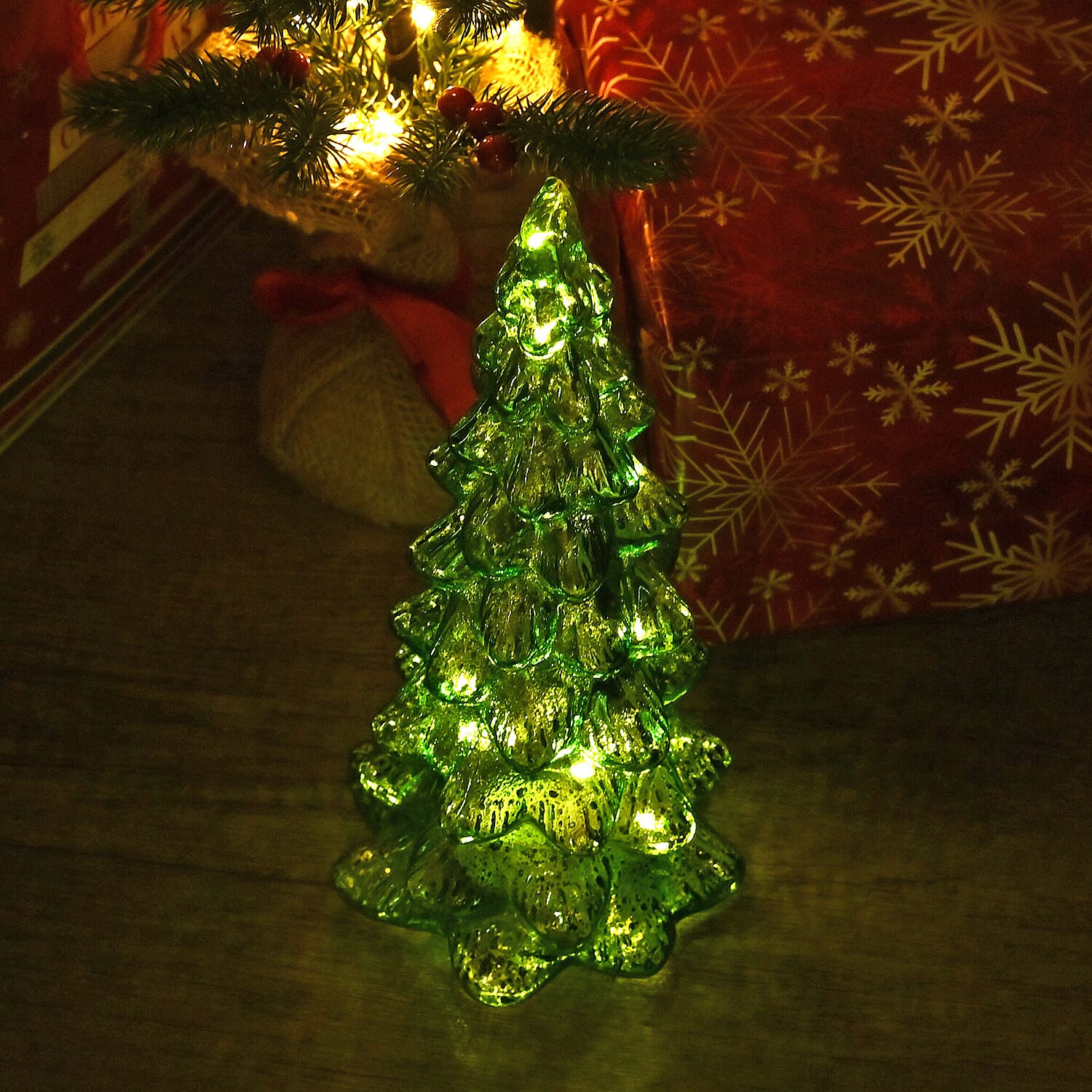 Tapered Glass LED Lighted Conical Christmas Tree With Electroplating Thread (Battery - CR2032X2, Incl.) - Green