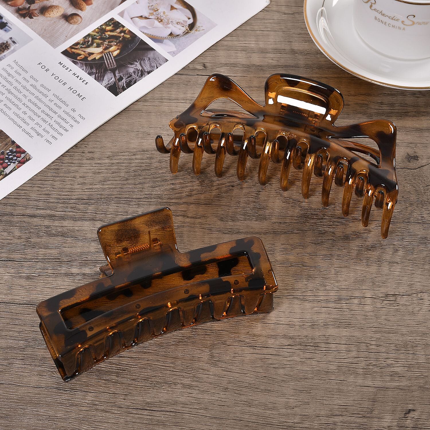 Set of 12 Tortoise Shell - Ribbon Large Hair Claw Clips - Brown Leopard