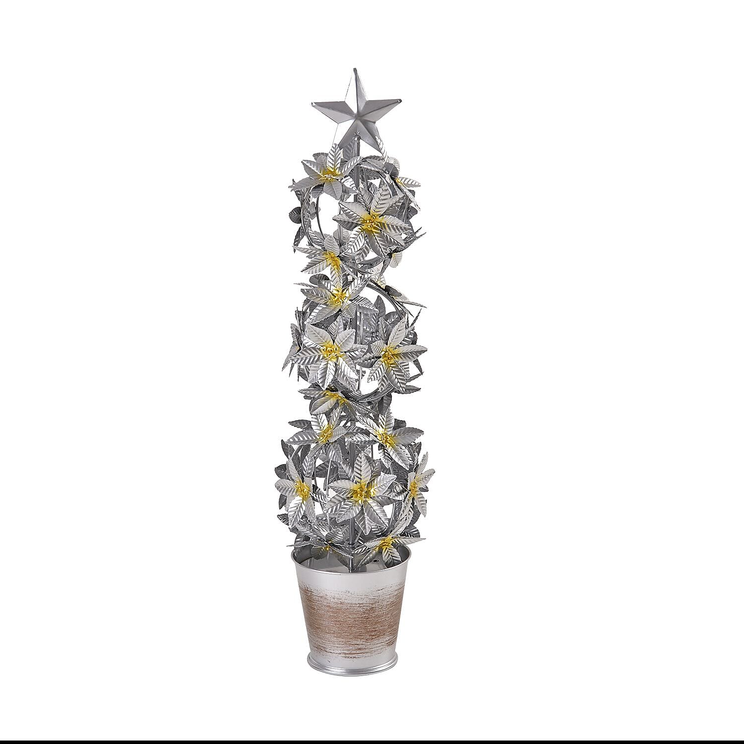 LED Lighted Christmas Tree & Flower Decoration with Top Star (Battery 3xAAA 1.5v) - Silver