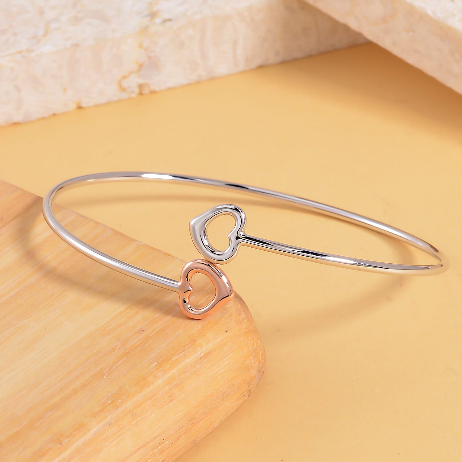 Two-Tone Plated Sterling Silver Double Open Heart Bangle (Size - 7.5), Silver Wt. 7.00 Gms