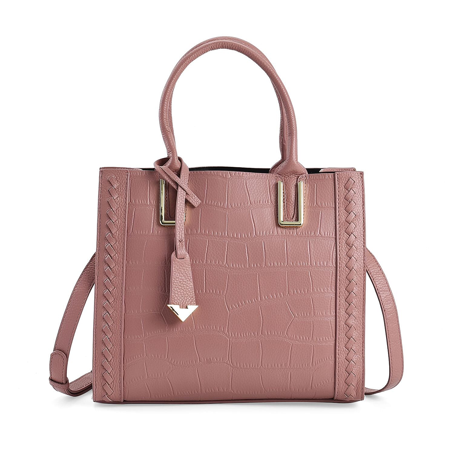 Genuine Leather Crocodile Embossed Crossbody Bag with Handle Drop - Pink