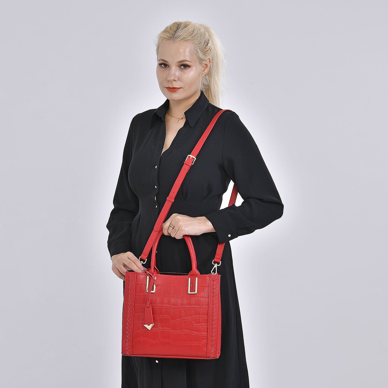 Genuine Leather Crocodile Embossed Crossbody Bag with Handle Drop - Red