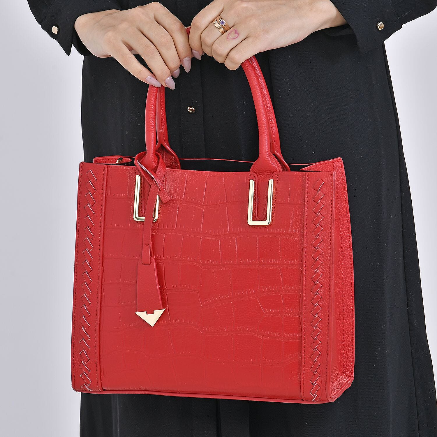 Genuine Leather Crocodile Embossed Crossbody Bag with Handle Drop - Red