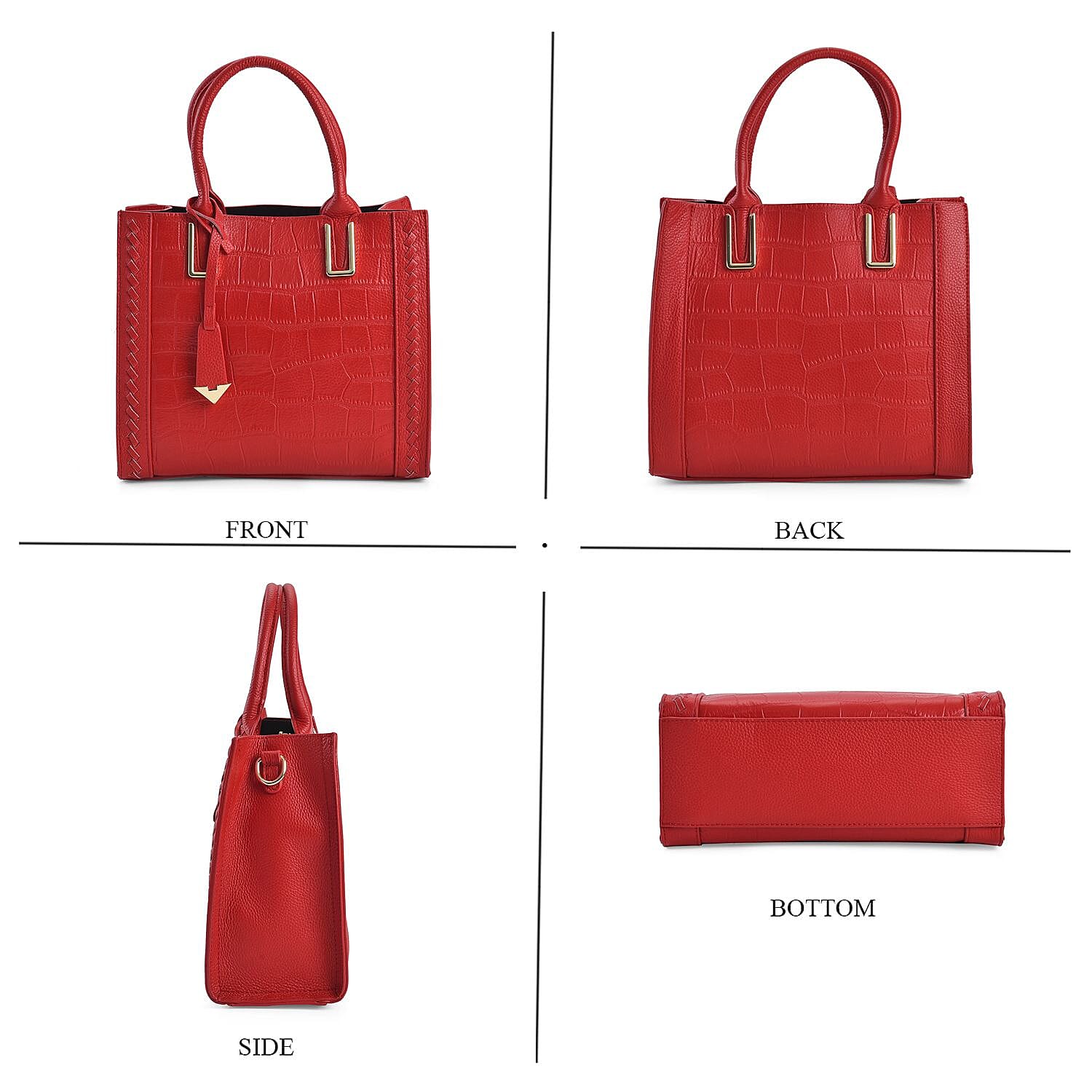 Genuine Leather Crocodile Embossed Crossbody Bag with Handle Drop - Red