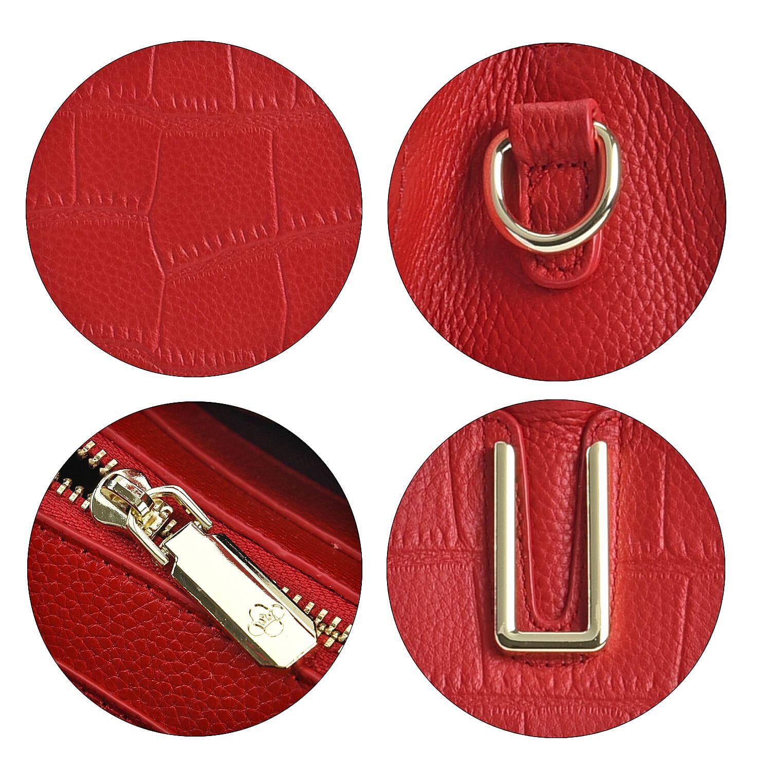 Genuine Leather Crocodile Embossed Crossbody Bag with Handle Drop - Red