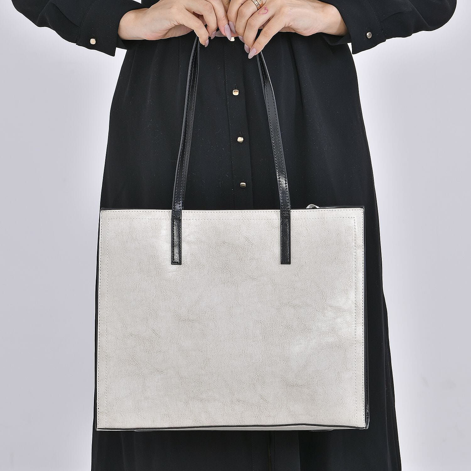Genuine Leather Square Tote Bag with Exterior Zipped Pocket - White