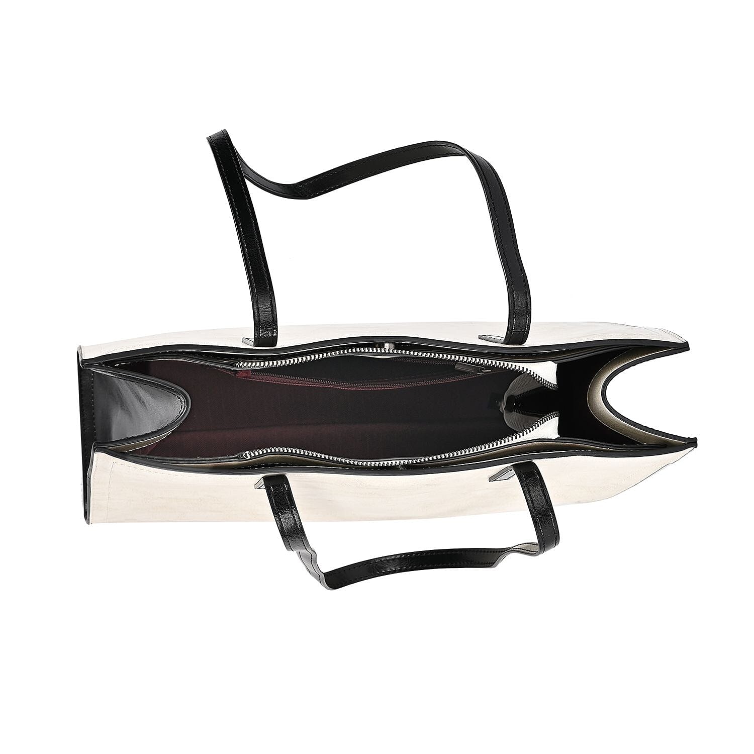 Genuine Leather Square Tote Bag with Exterior Zipped Pocket - White