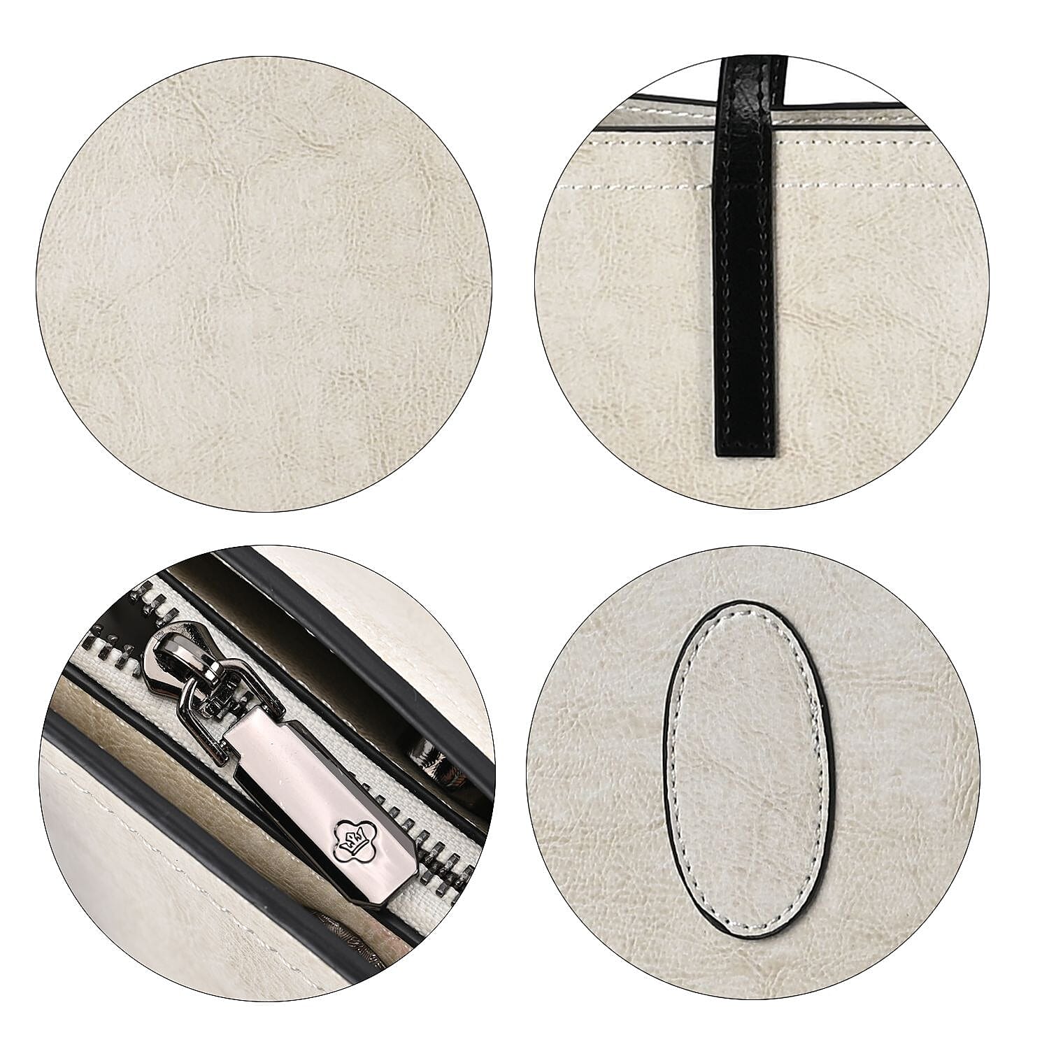 Genuine Leather Square Tote Bag with Exterior Zipped Pocket - White