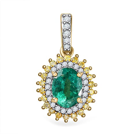 9K Yellow Gold AAA Zambian Emerald, Natural Yellow Diamond & White Diamond Pendant 1.44 Ct. 9K Yellow Gold AAA Zambian Emerald, Natural Yellow Diamond & White Diamond Pendant 1.44 Ct.