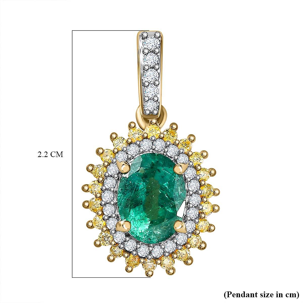 9K Yellow Gold AAA Zambian Emerald, Natural Yellow Diamond & White Diamond Pendant 1.44 Ct.
