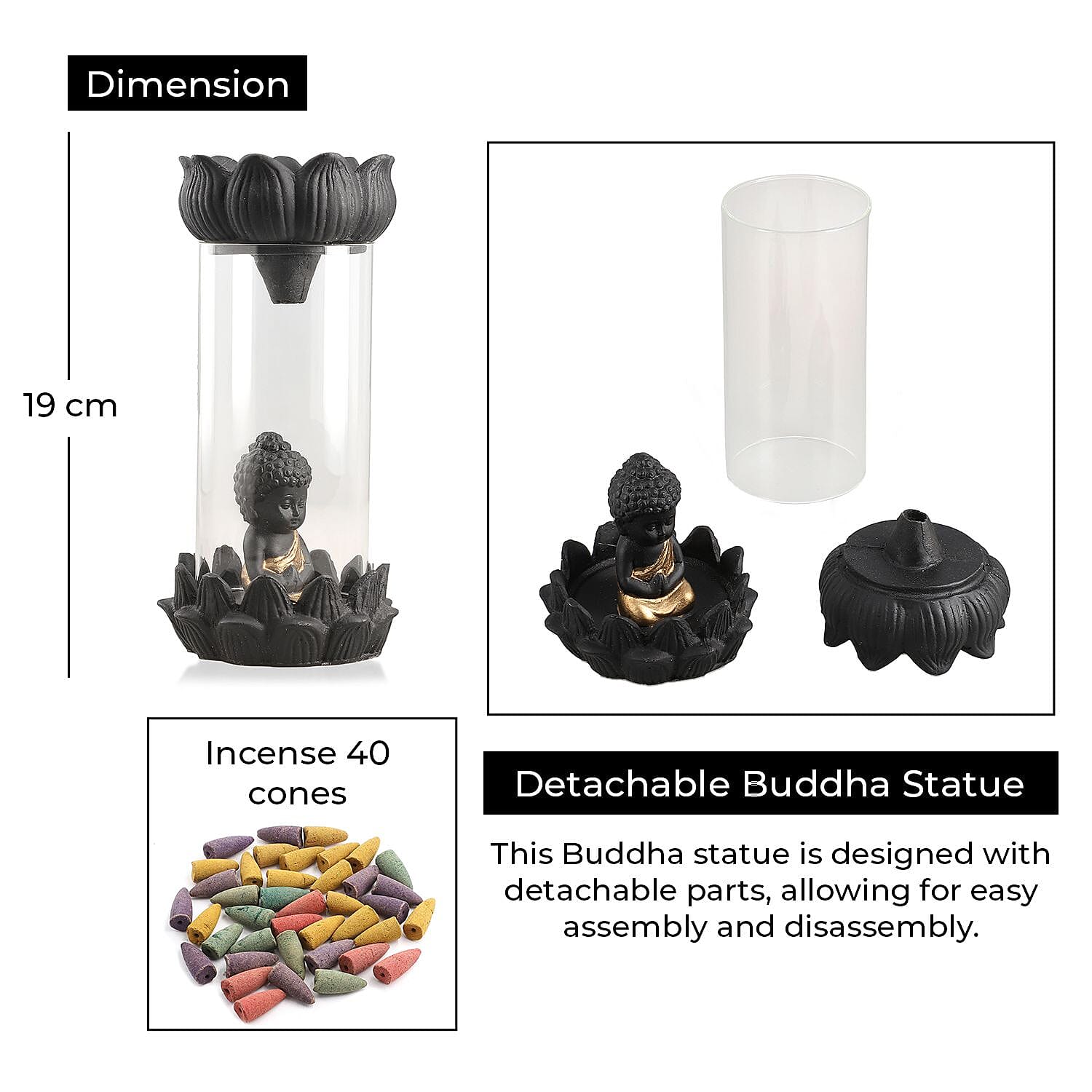 Buddha Smoke Fountain (H - 19cm) With Incense Cones (40) - Golden