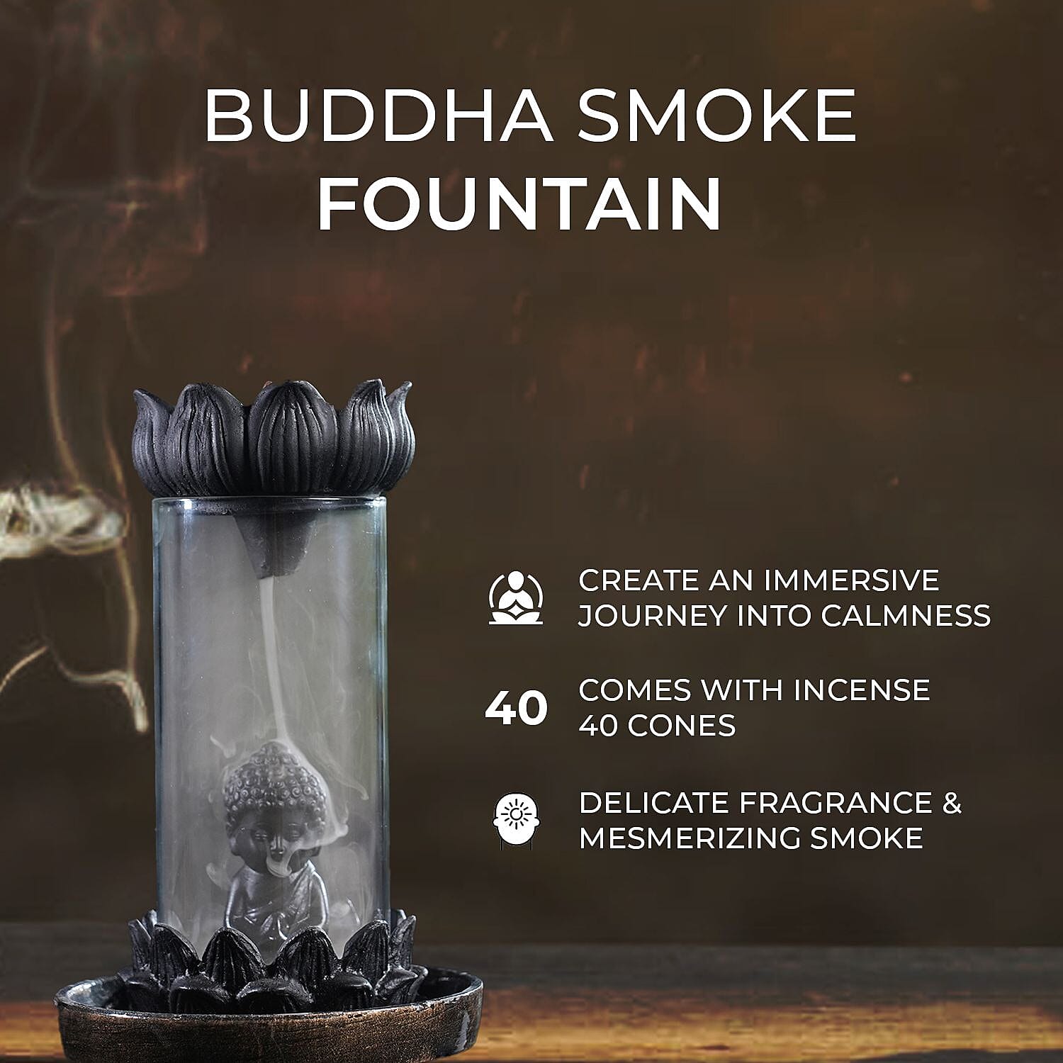 Buddha Smoke Fountain (H - 19cm) With Incense Cones (40) - Charcoal