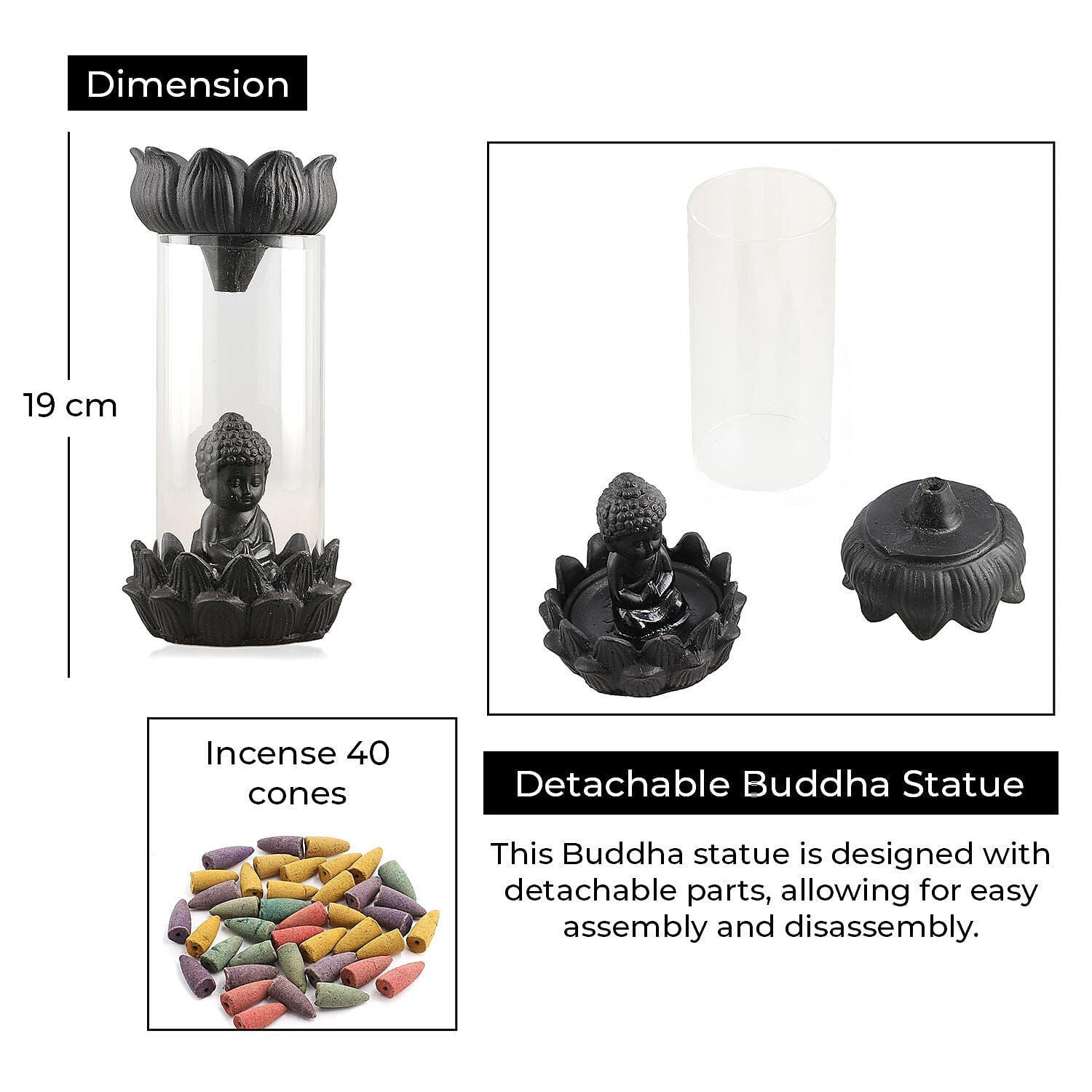 Buddha Smoke Fountain (H - 19cm) With Incense Cones (40) - Charcoal