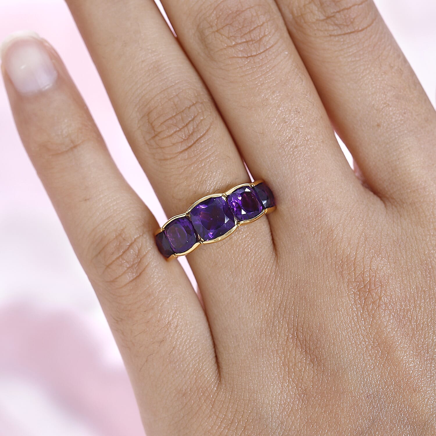 Amethyst 5 Stone Ring in 18K Yellow Gold Vermeil Plated Sterling Silver 4.43 Ct.