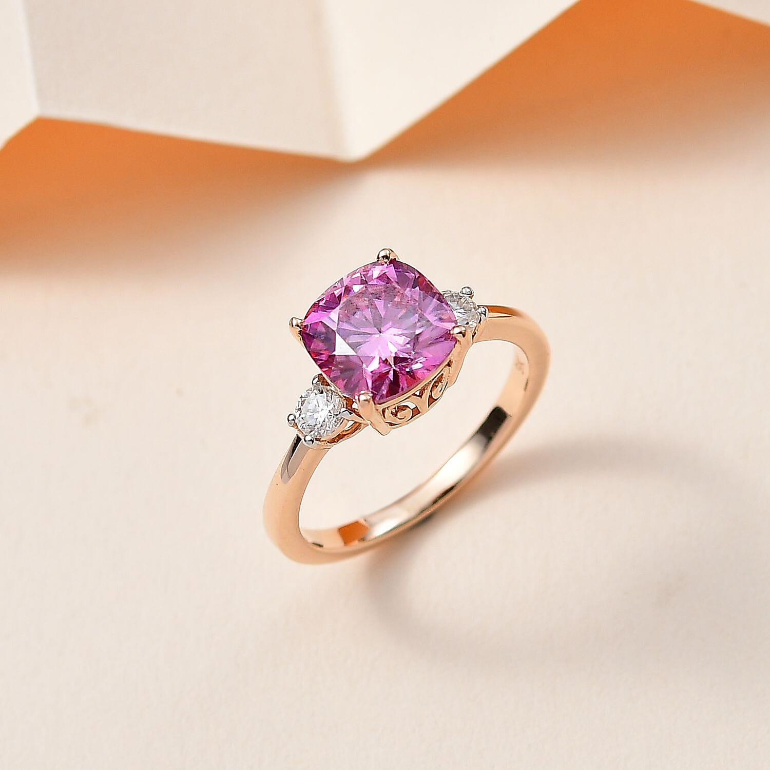 9K Rose Gold Pink Moissanite & White Moissanite Ring 2.58 Ct