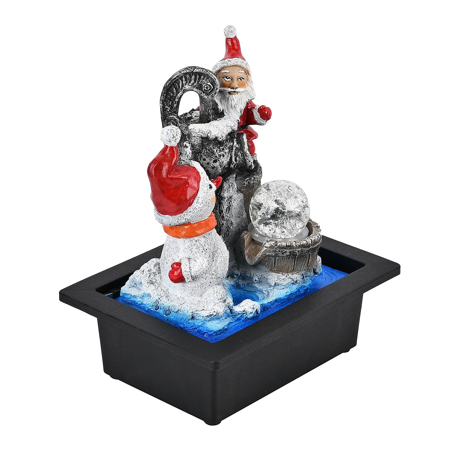 Santa Claus & Snowman Indoor Water Fountain with Multicolour LED Lights (USB Powered) - White, Blue & Red