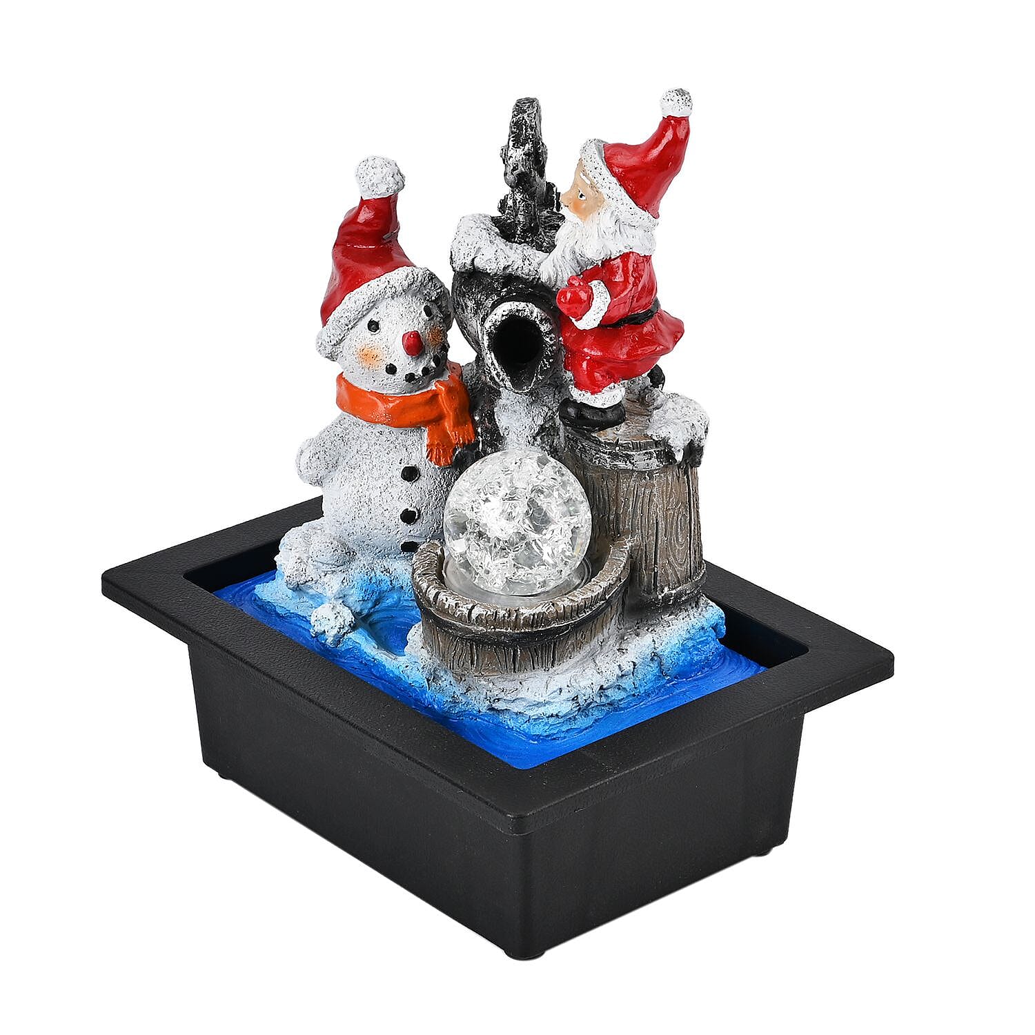 Santa Claus & Snowman Indoor Water Fountain with Multicolour LED Lights (USB Powered) - White, Blue & Red