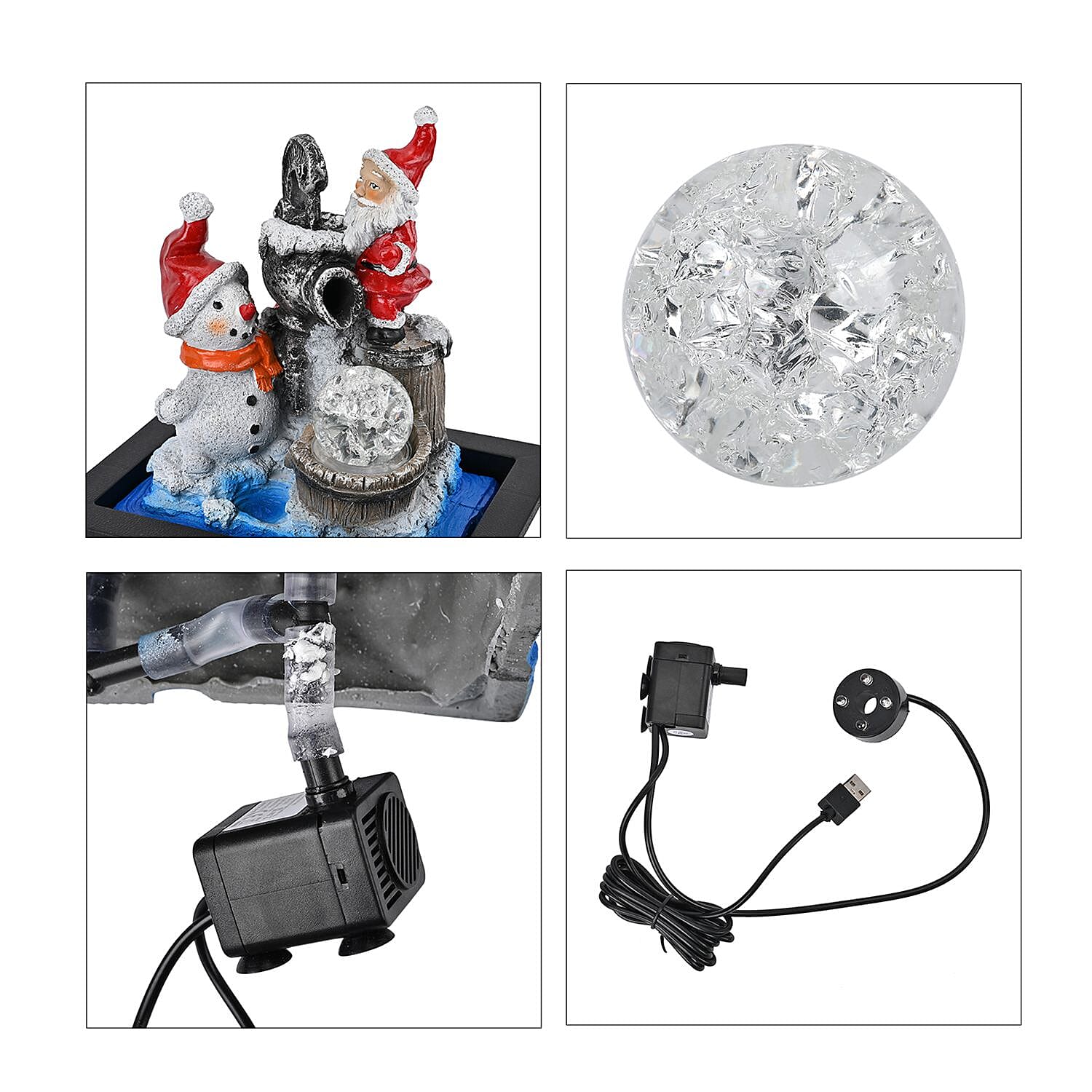 Santa Claus & Snowman Indoor Water Fountain with Multicolour LED Lights (USB Powered) - White, Blue & Red