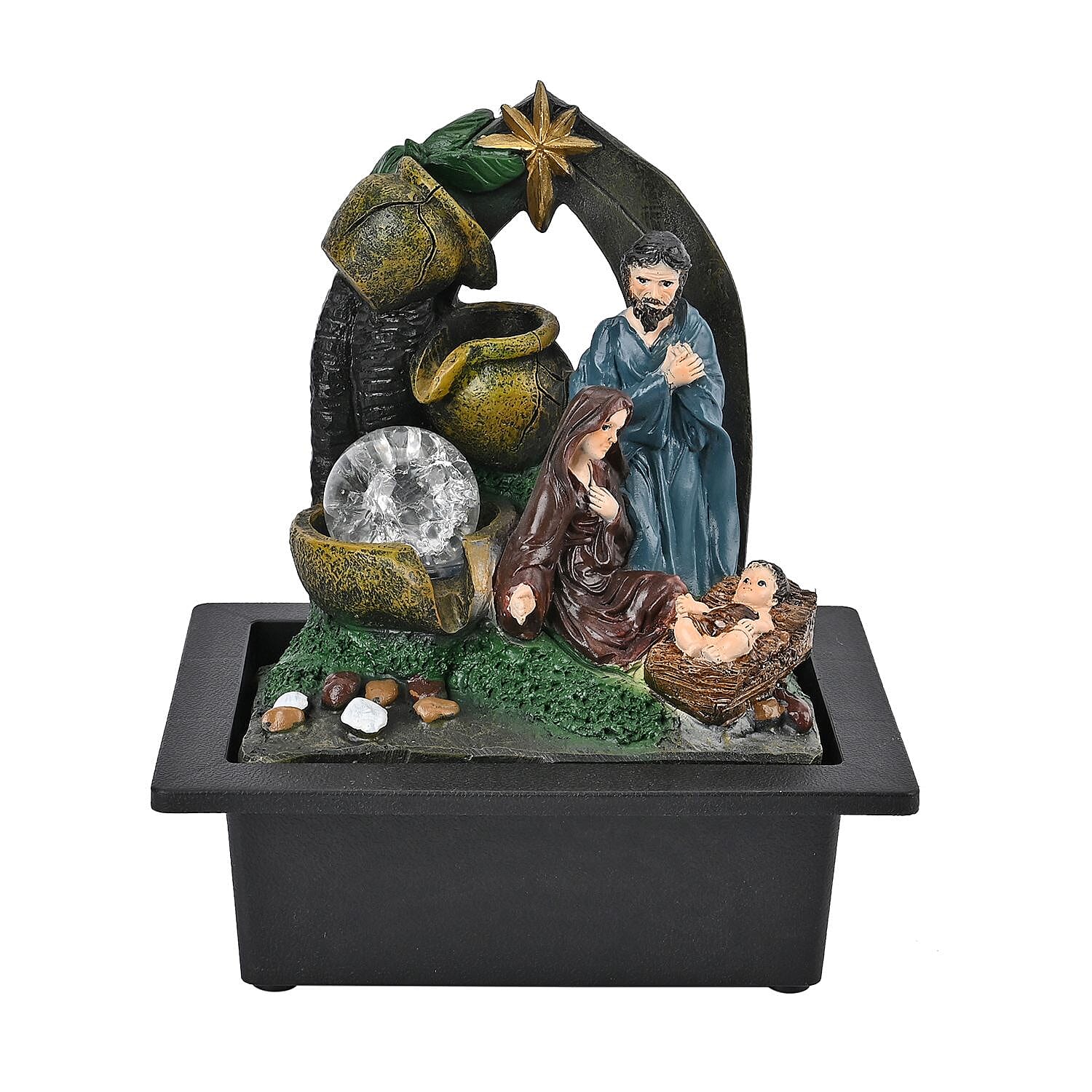 The Nativity Story Ball & Light Indoor Water Fountain with Multicolour LED Lights (USB Powered) - Brown, Green & Blue