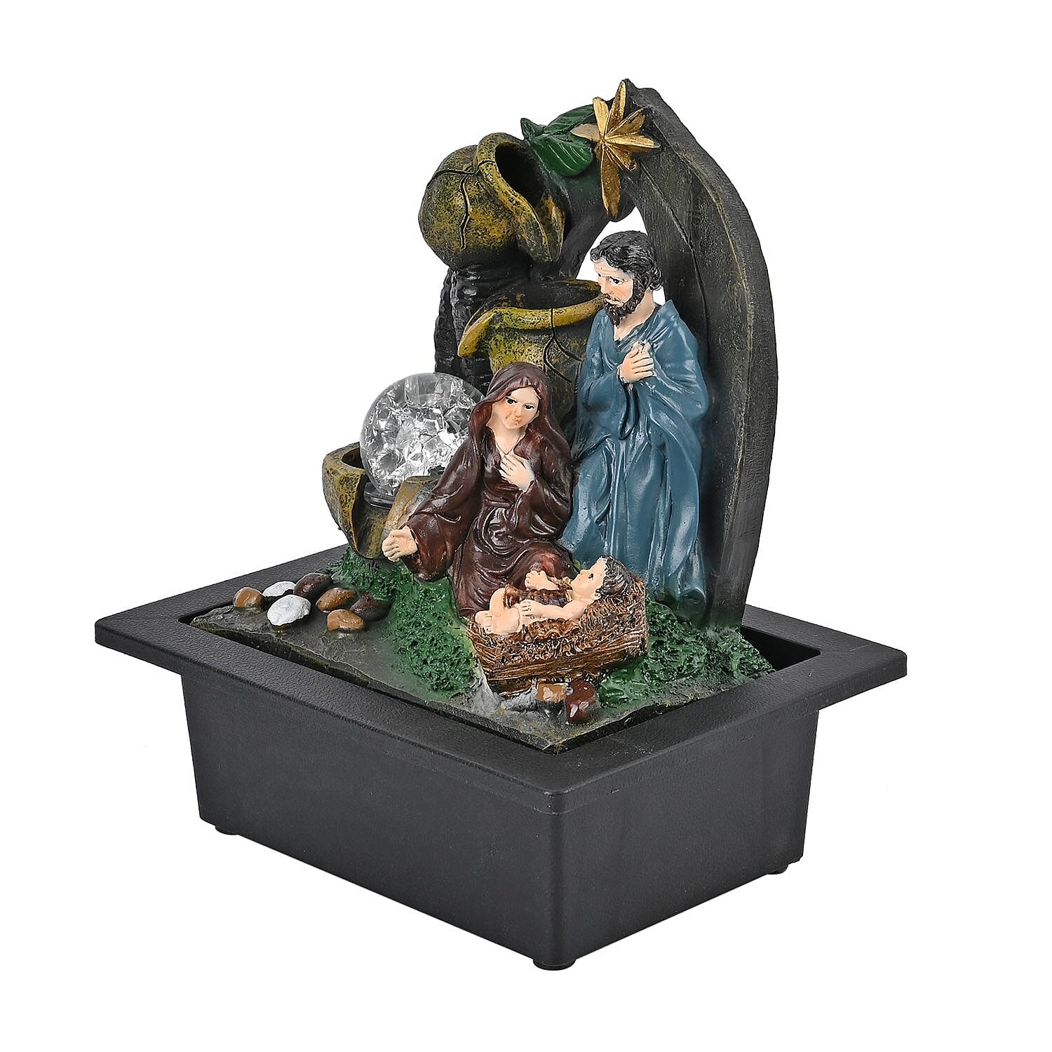 The Nativity Story Ball & Light Indoor Water Fountain with Multicolour LED Lights (USB Powered) - Brown, Green & Blue