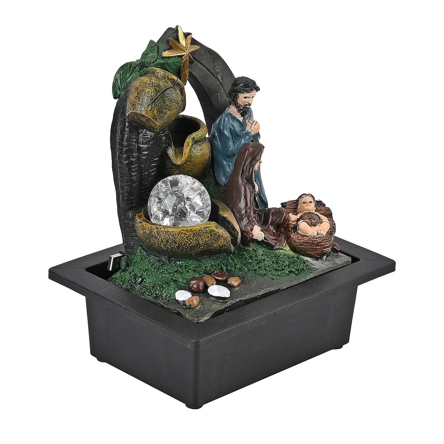 The Nativity Story Ball & Light Indoor Water Fountain with Multicolour LED Lights (USB Powered) - Brown, Green & Blue