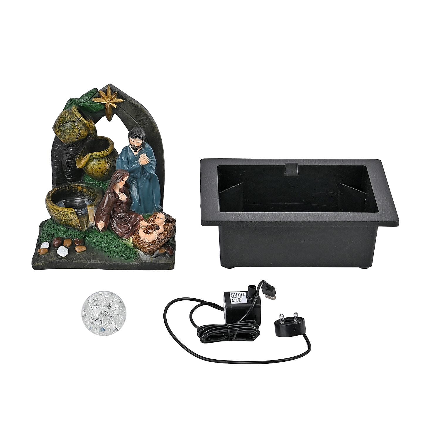 The Nativity Story Ball & Light Indoor Water Fountain with Multicolour LED Lights (USB Powered) - Brown, Green & Blue