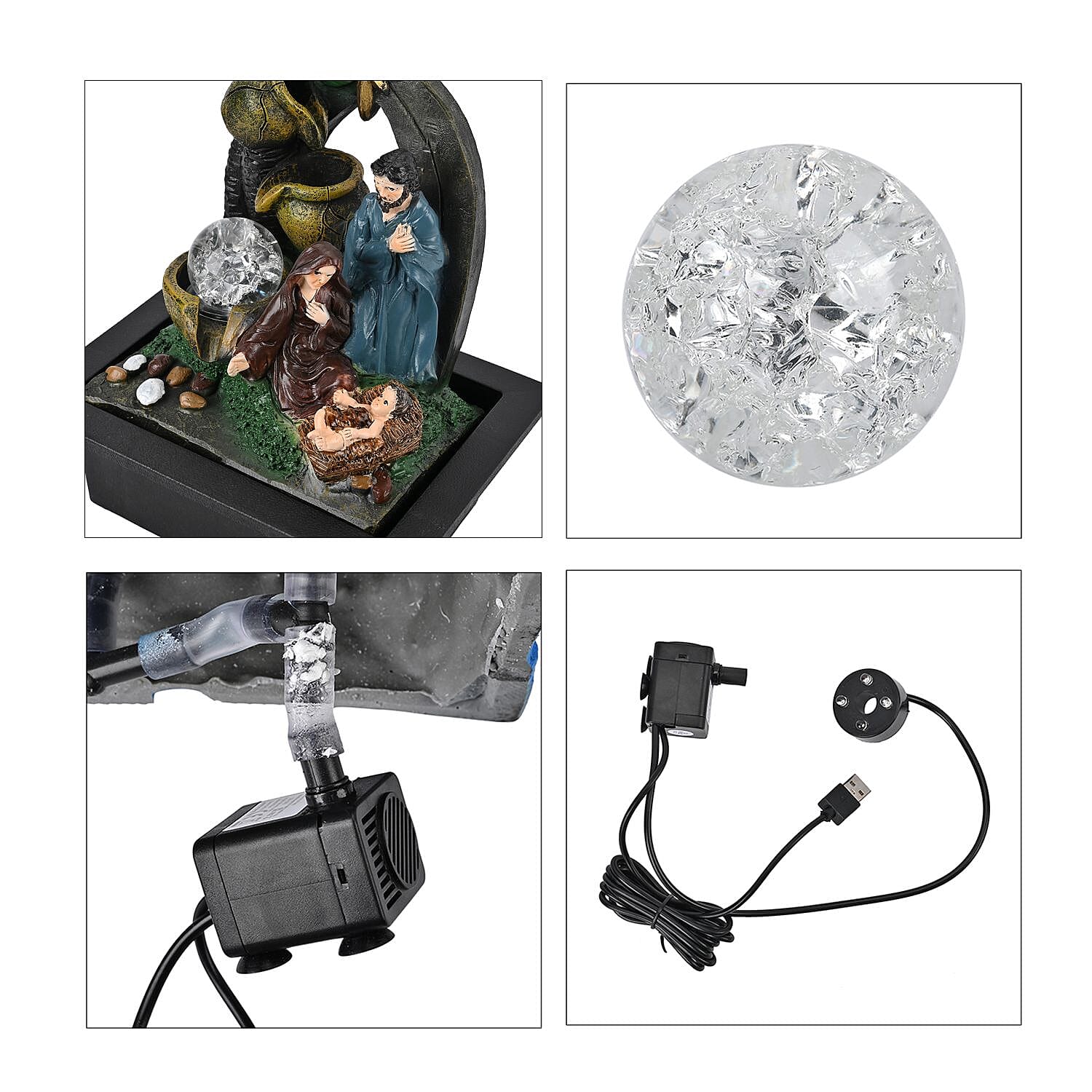 The Nativity Story Ball & Light Indoor Water Fountain with Multicolour LED Lights (USB Powered) - Brown, Green & Blue