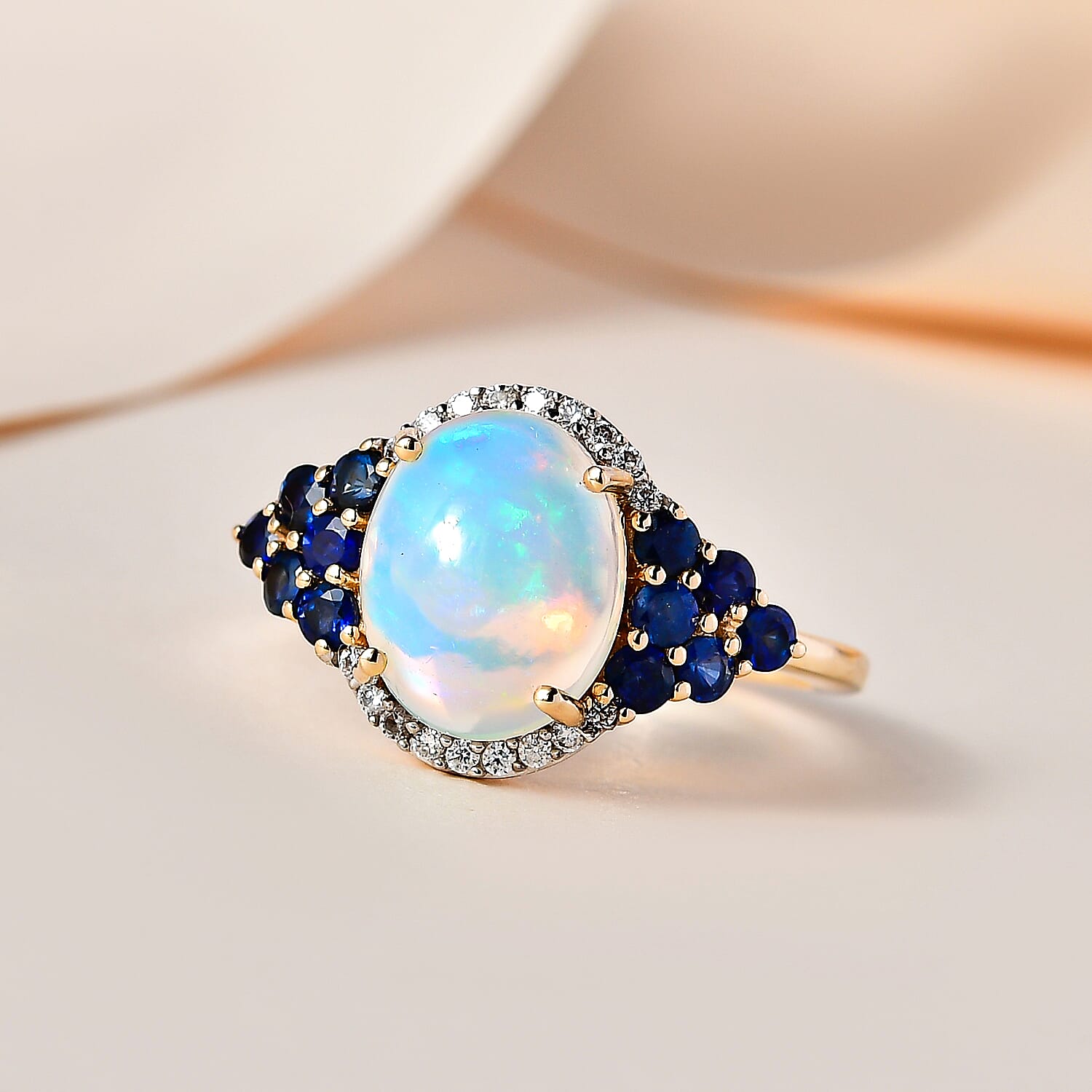 9K Yellow Gold Ethiopian Welo Opal, Moissanite & Blue Sapphire Ring 2.45 Ct.