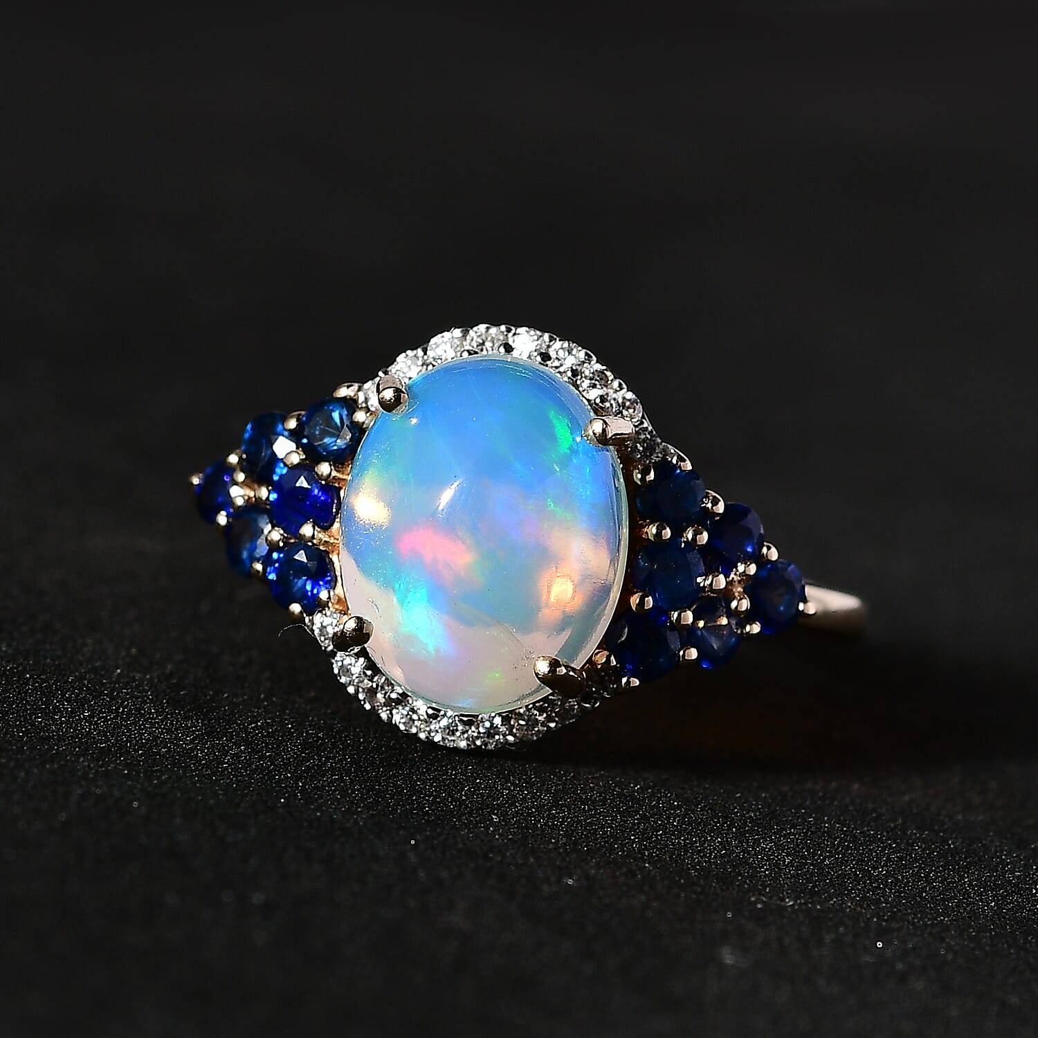 9K Yellow Gold Ethiopian Welo Opal, Moissanite & Blue Sapphire Ring 2.45 Ct.