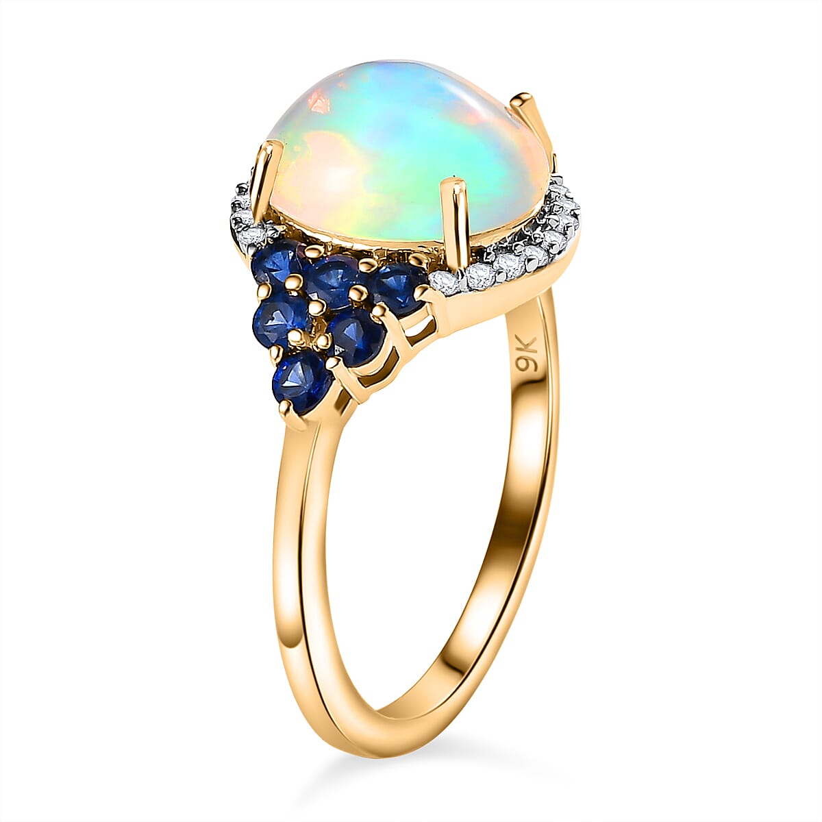 9K Yellow Gold Ethiopian Welo Opal, Moissanite & Blue Sapphire Ring 2.45 Ct.