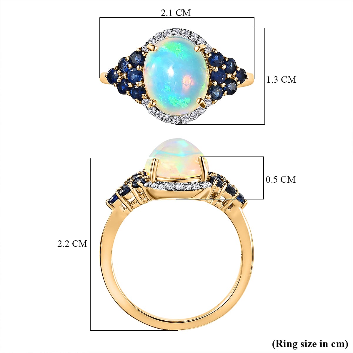 9K Yellow Gold Ethiopian Welo Opal, Moissanite & Blue Sapphire Ring 2.45 Ct.
