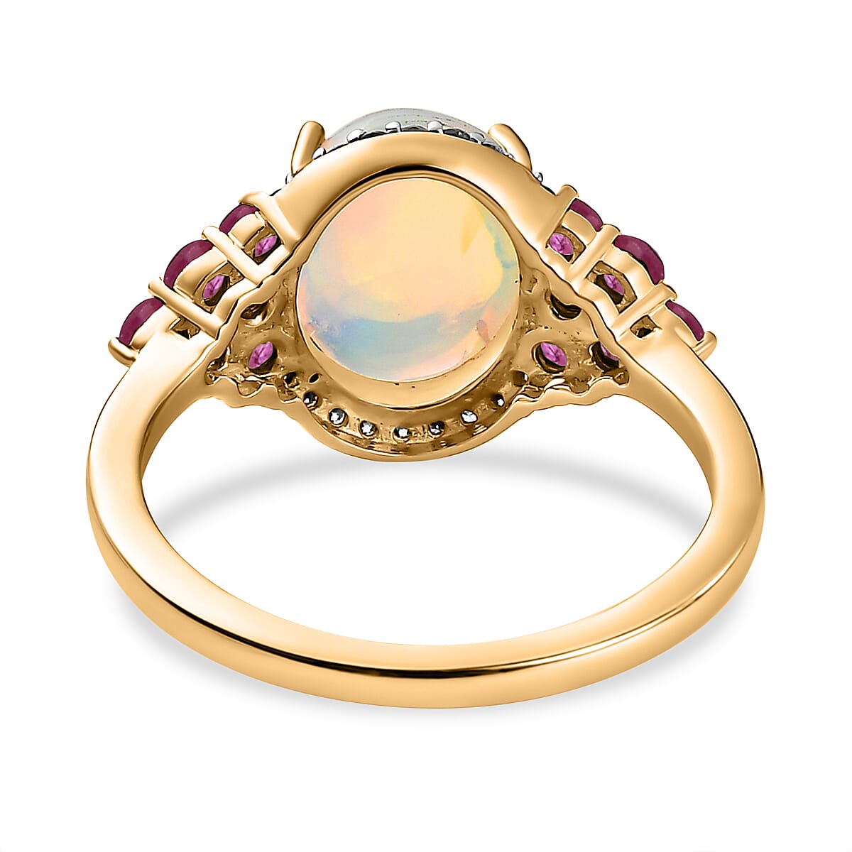 9K Yellow Gold Ethiopian Welo Opal Moissanite & Ruby Ring 2.68 Ct. 9K Yellow Gold Ethiopian Welo Opal Moissanite & Ruby Ring 2.68 Ct.