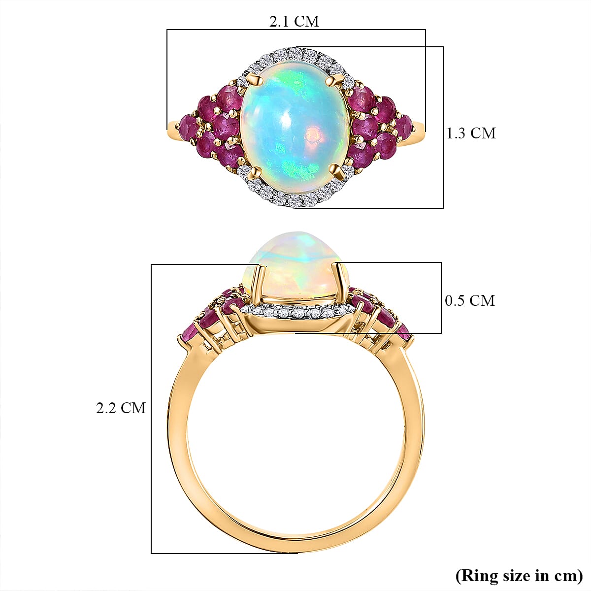 9K Yellow Gold Ethiopian Welo Opal Moissanite & Ruby Ring 2.68 Ct. 9K Yellow Gold Ethiopian Welo Opal Moissanite & Ruby Ring 2.68 Ct.