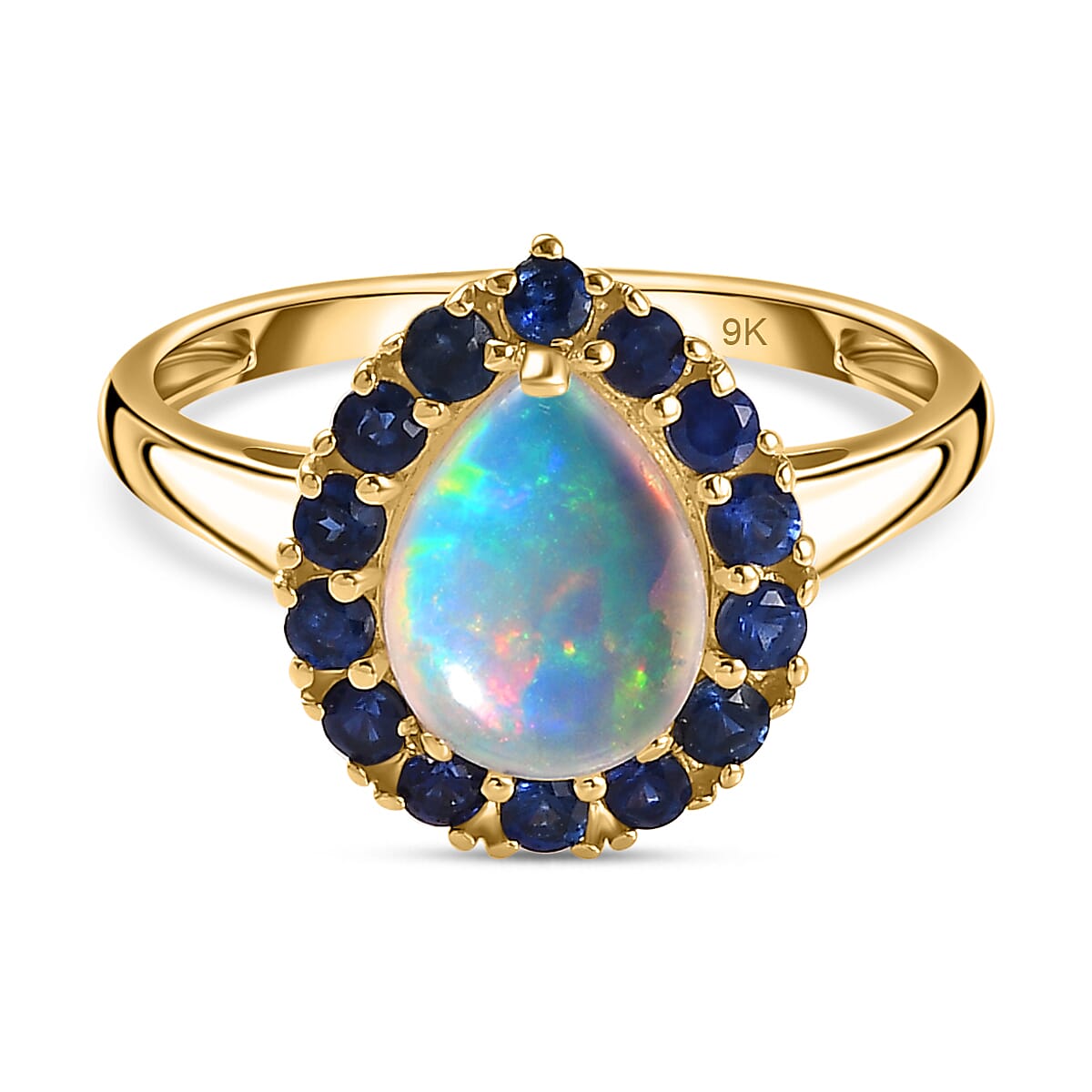 GP 9K Yellow Gold AA Ethiopian Opal & Kanchanaburi Blue Sapphire Ring 1.66 Ct.
