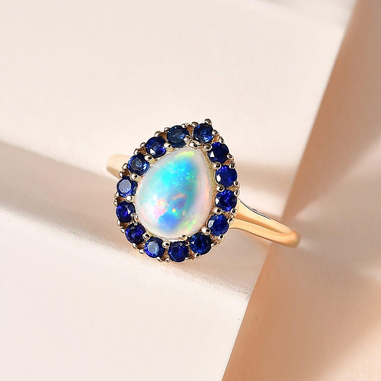 GP 9K Yellow Gold AA Ethiopian Opal & Kanchanaburi Blue Sapphire Ring 1.66 Ct.