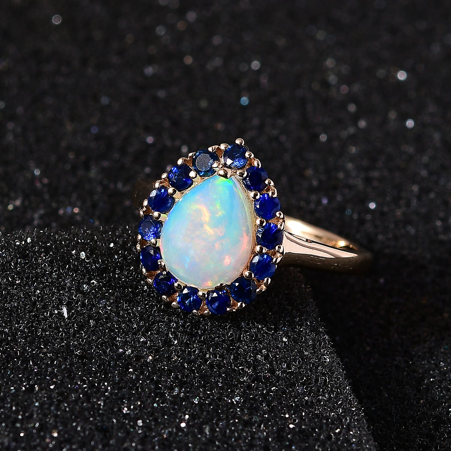 GP 9K Yellow Gold AA Ethiopian Opal & Kanchanaburi Blue Sapphire Ring 1.66 Ct.