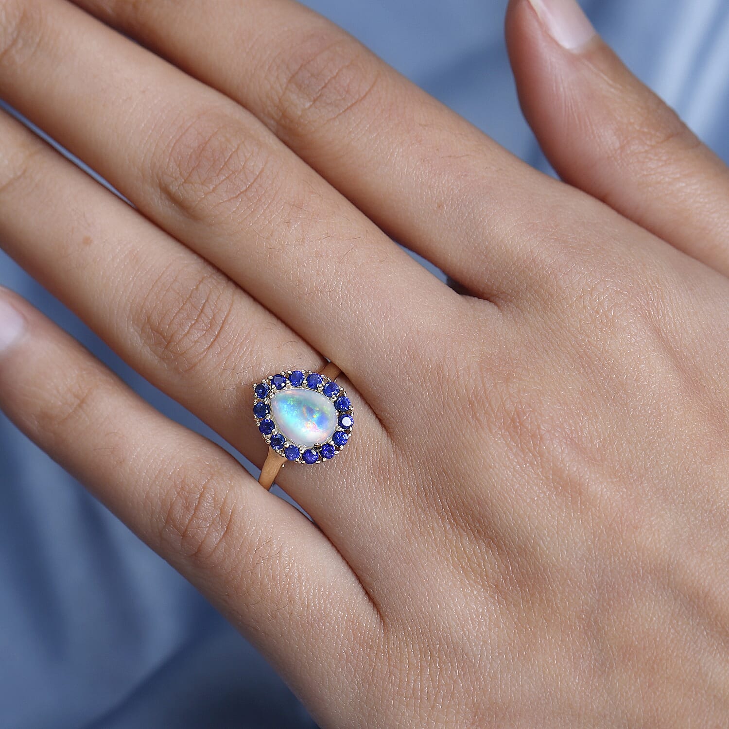 GP 9K Yellow Gold AA Ethiopian Opal & Kanchanaburi Blue Sapphire Ring 1.66 Ct.