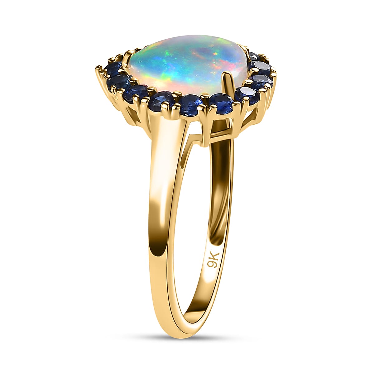GP 9K Yellow Gold AA Ethiopian Opal & Kanchanaburi Blue Sapphire Ring 1.66 Ct.