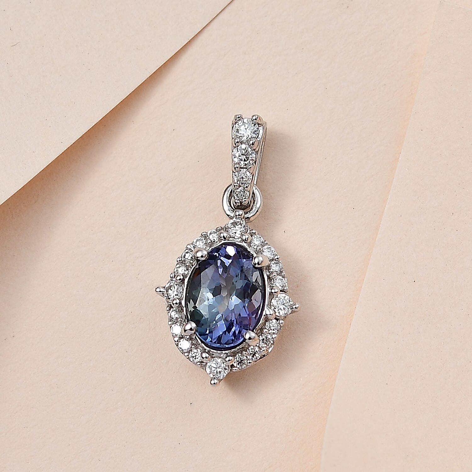 9K White Gold Peacock Tanzanite & Moissanite Pendant 1.40 Ct.