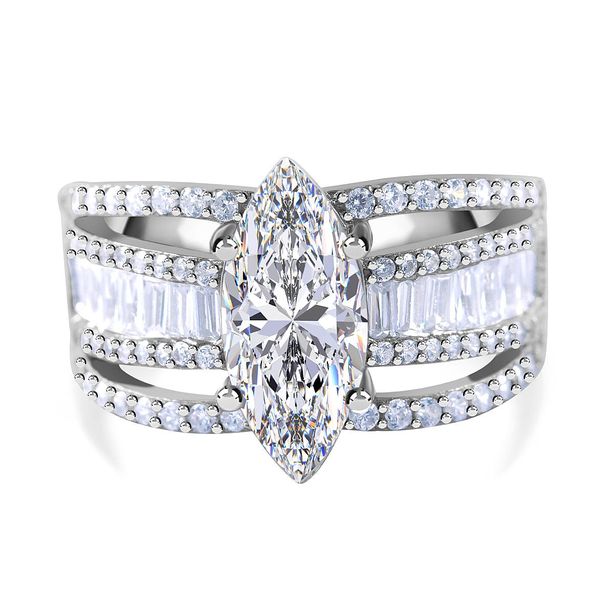 Cubic Zirconia Three Row (Marquise Cut) Ring in Rhodium Overlay Sterling  Silver