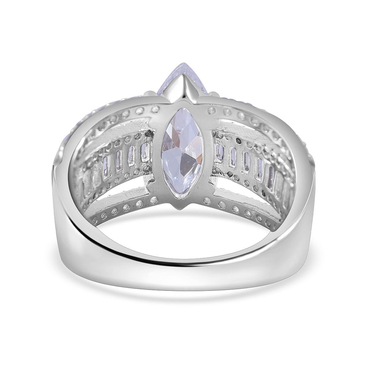 Cubic Zirconia Three Row (Marquise Cut) Ring in Rhodium Overlay Sterling Silver
