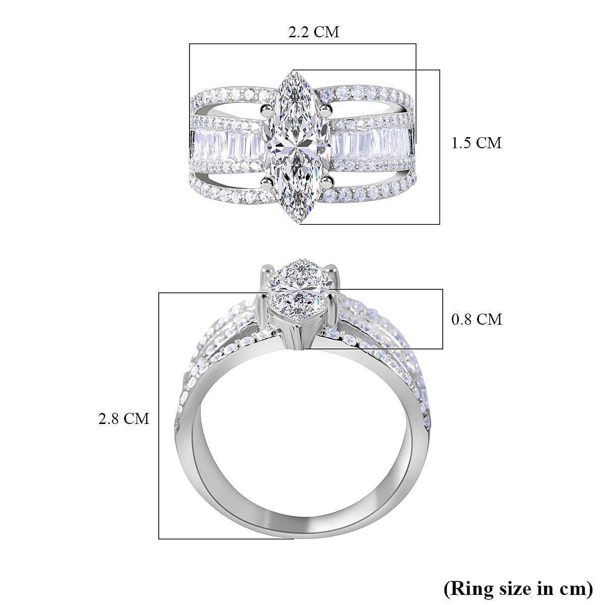 Cubic Zirconia Three Row (Marquise Cut) Ring in Rhodium Overlay Sterling Silver