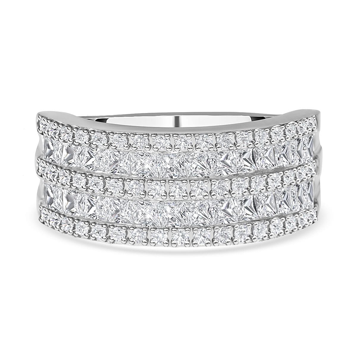 Cubic Zirconia 3 Row Half Eternity Ring in Rhodium Overlay Sterling Silver