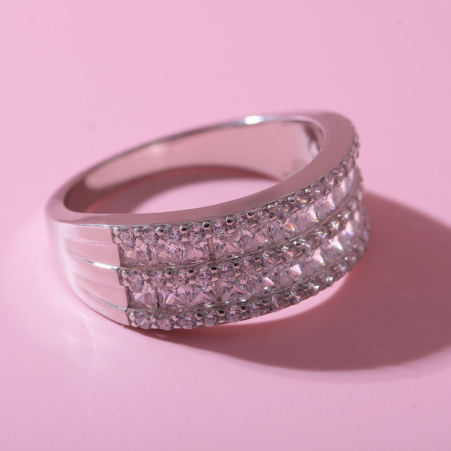 Cubic Zirconia 3 Row Half Eternity Ring in Rhodium Overlay Sterling Silver