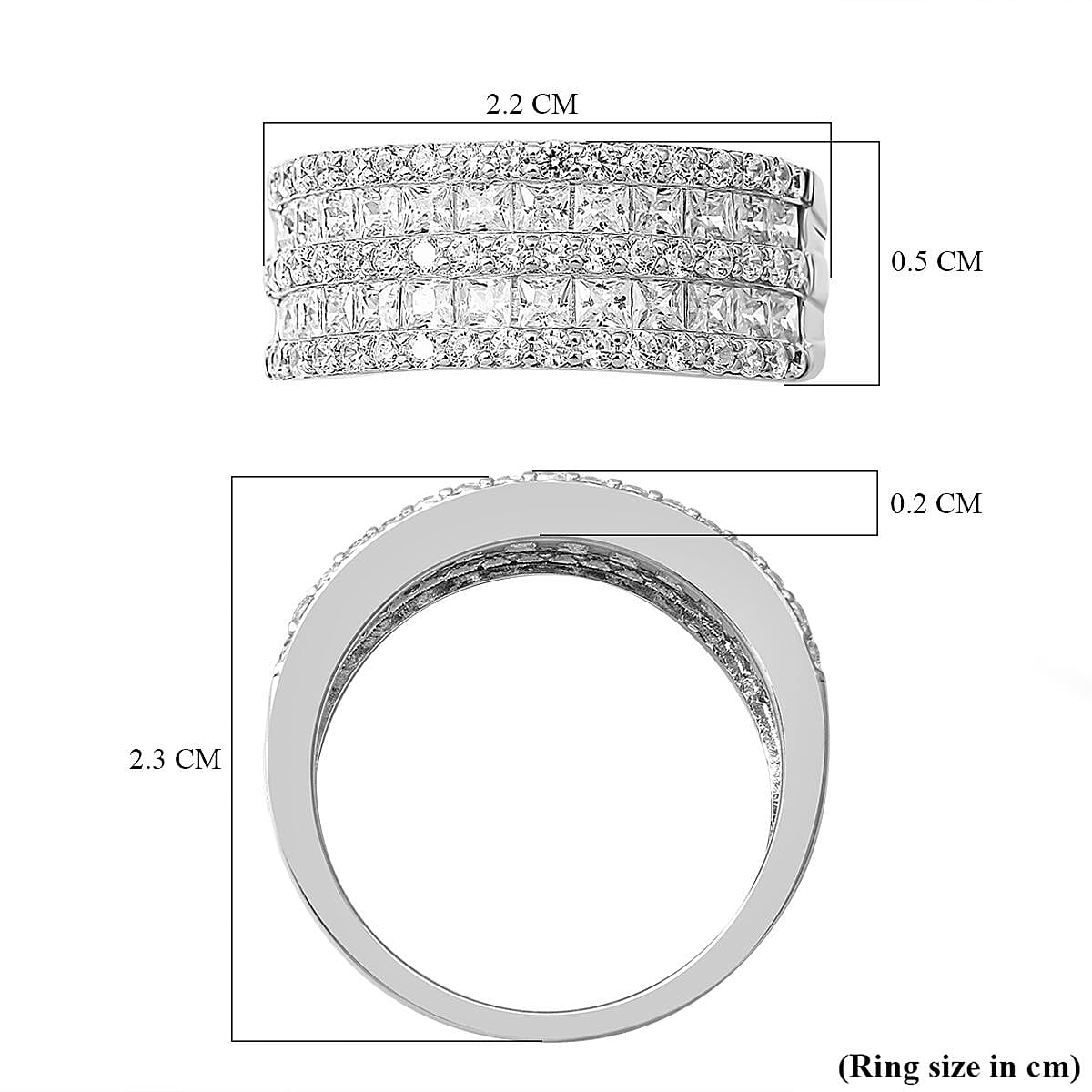 Cubic Zirconia 3 Row Half Eternity Ring in Rhodium Overlay Sterling Silver