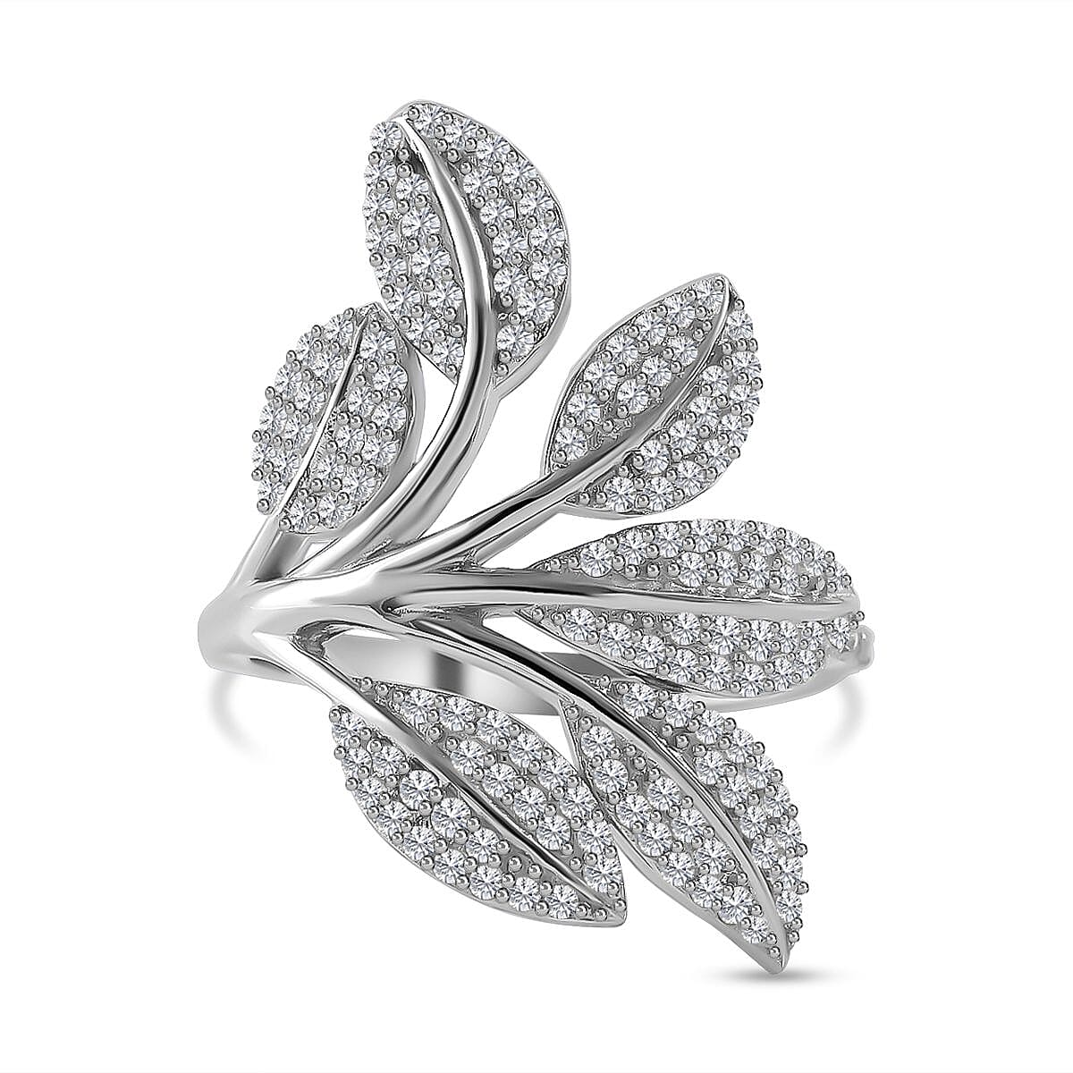 NY Closeout - Cubic Zirconia Leaf Ring in Rhodium Overlay Sterling Silver