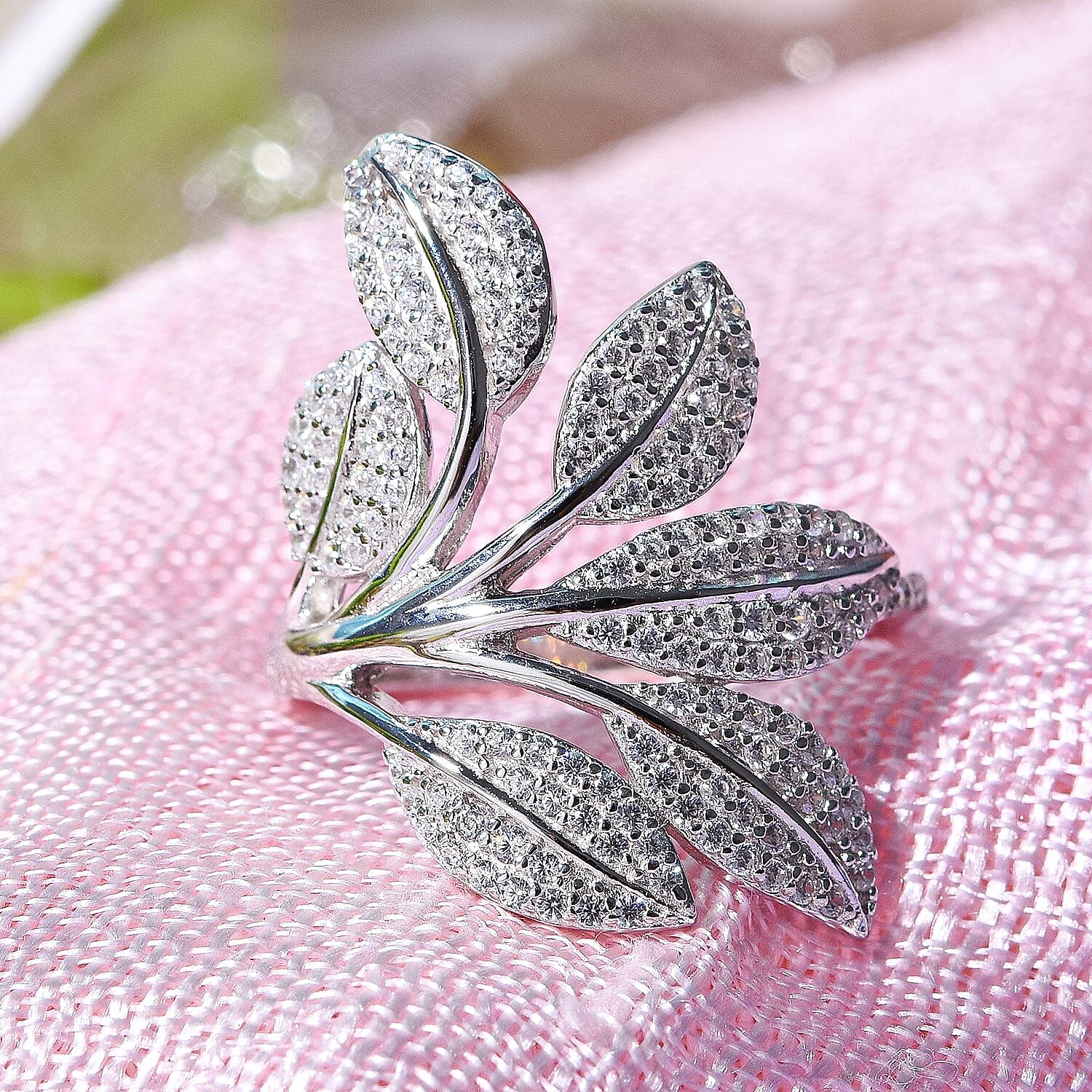 NY Closeout - Cubic Zirconia Leaf Ring in Rhodium Overlay Sterling Silver